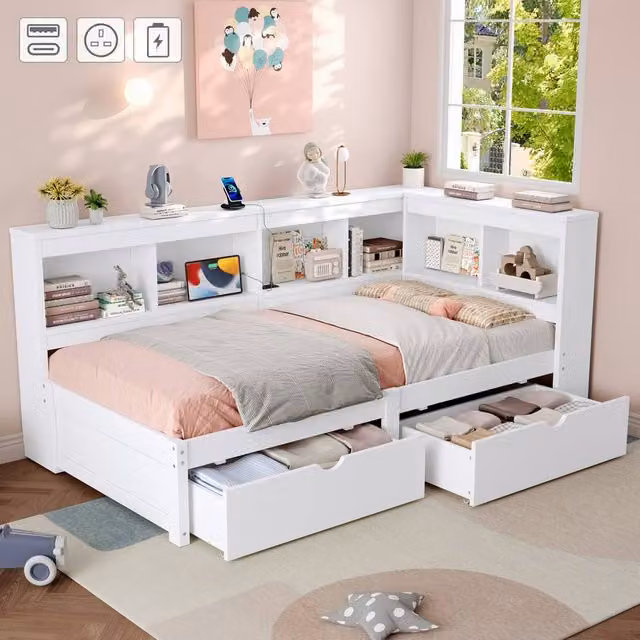 Rolipo White L-Shape Wooden Daybed with Storage Drawers, USB Charging Port and Bedside Shelf, W/D/H: 140 x 200 cm