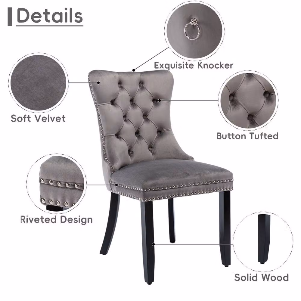 HomeTouch Romsey Set of 6 Grey Velvet Upholstered Dining Chairs with Oak Legs and Knocker Ring Back – 3