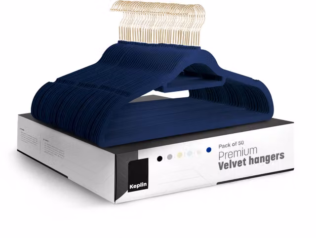 Keplin Non-Slip Velvet Flocked Clothes Hangers with Swivel Hook and Contoured Shoulders, Blue, 50 Pack – 1