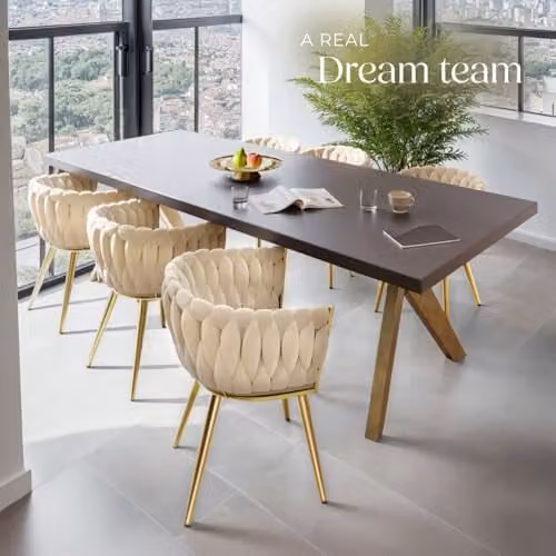 tectake Set of 6 Astano Dining Chairs in Sand and Gold Velvet Fabric with Metal Legs – 5