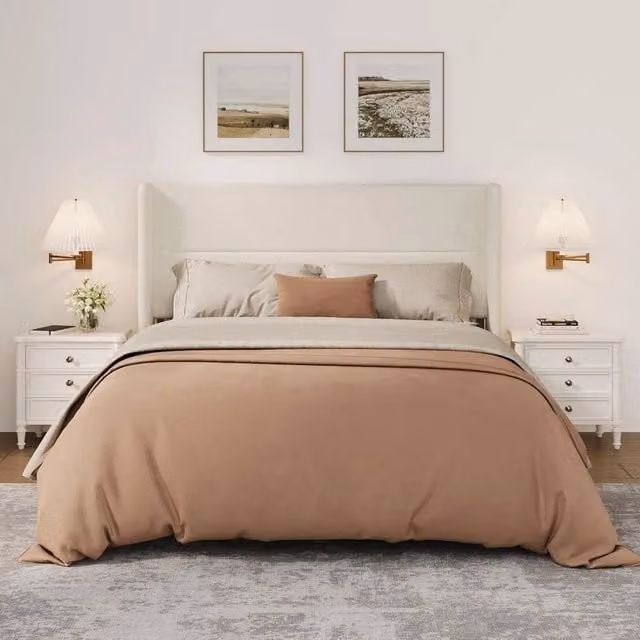 FORGEVIO Full Size Velvet Upholstered Platform Bed Frame with Headboard in White – 1