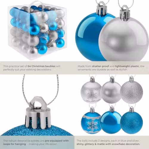 tectake 64-Pack Christmas Baubles in Blue and Silver with Glossy, Glittery and Snowflake Designs – 4