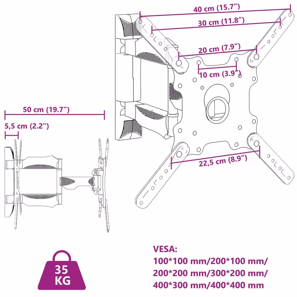 Berkfield Home Black Steel Wall Mounted TV Mount for 32-55 Inch Screens, Max VESA 400x400 mm and 35 kg Load – 6