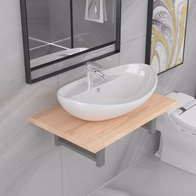 Berkfield Home Two Piece Wall Mounted Bathroom Furniture Set in Brown Glossy Oak and Ceramic