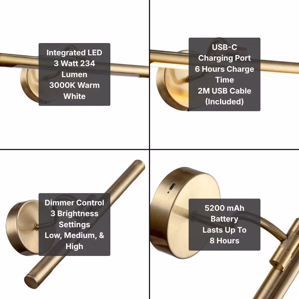 Happy Homewares Modern Rechargeable and Portable LED Picture Wall Lamp with Touch Dimmer in Gold/Brass – 4