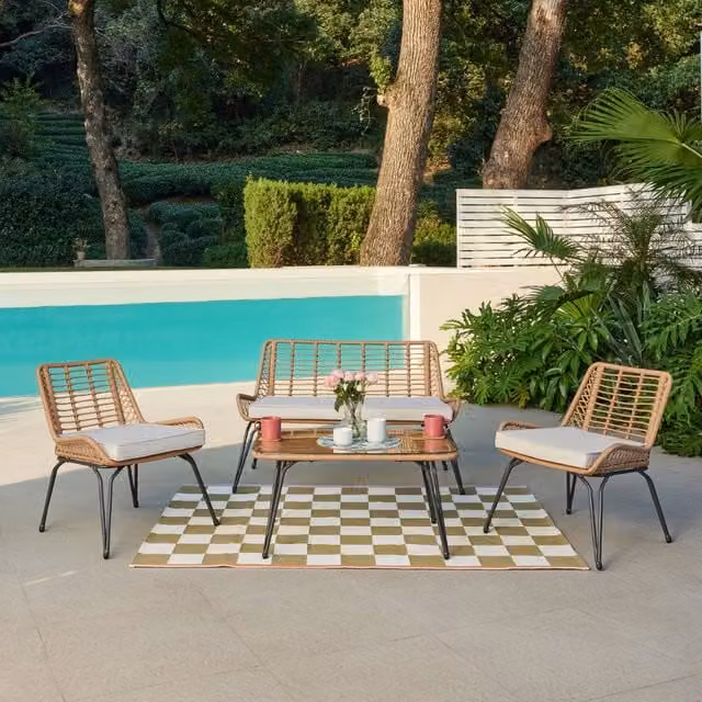 GRS Armana Modern Garden Lounge Set in Beige Rattan and Metal with Glass