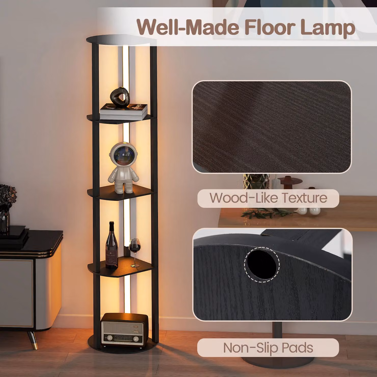 Costway Modern Wood Display Rack Floor Lamp with 4 Adjustable LED Strips in Black – 7