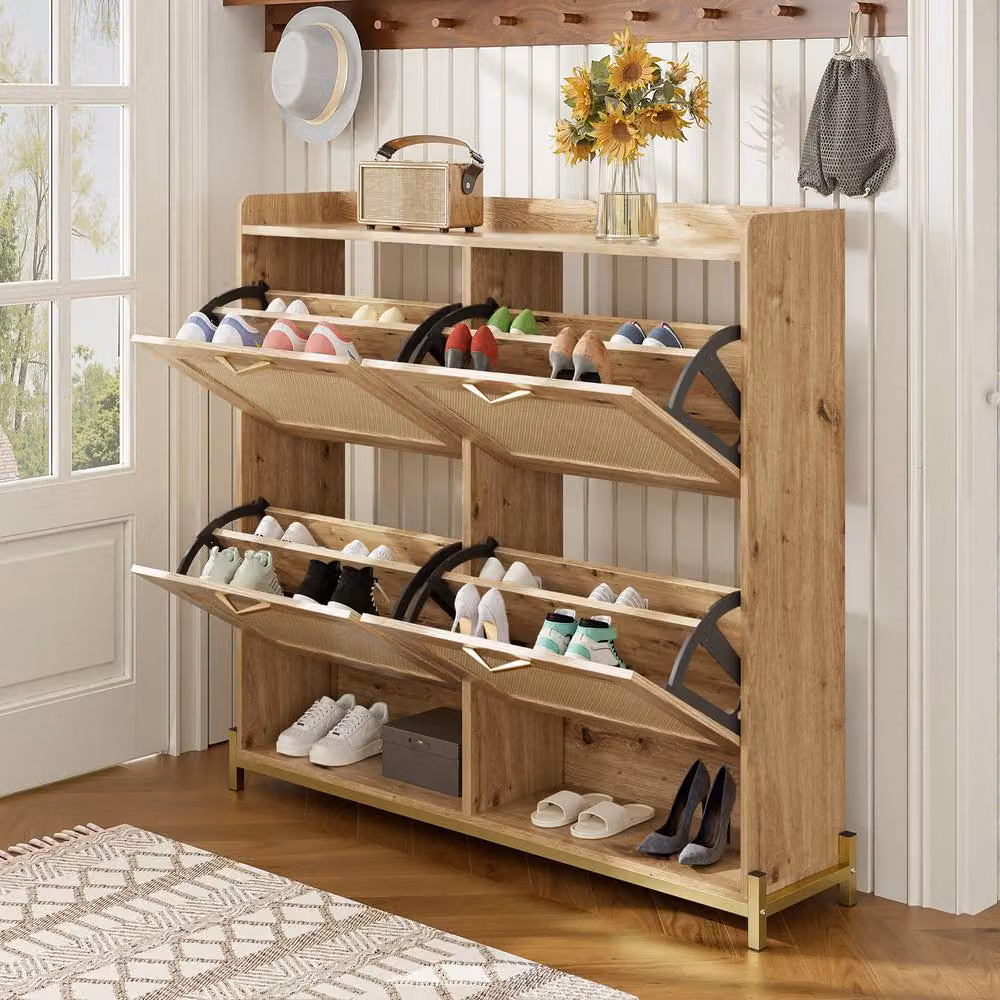 Merax Scandinavian Style Rattan Hallway Shoe Cabinet with 4 Tilt-Out Doors in Sand/Beige/Brown – 2