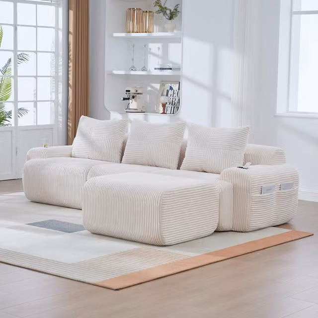 Aosom UK Beige 3-Seater Modular Sectional Sofa with Ottomans, Built-in Cup Holders and Side Storage Pockets, W: 174 cm, D: 268 cm, H: 80 cm