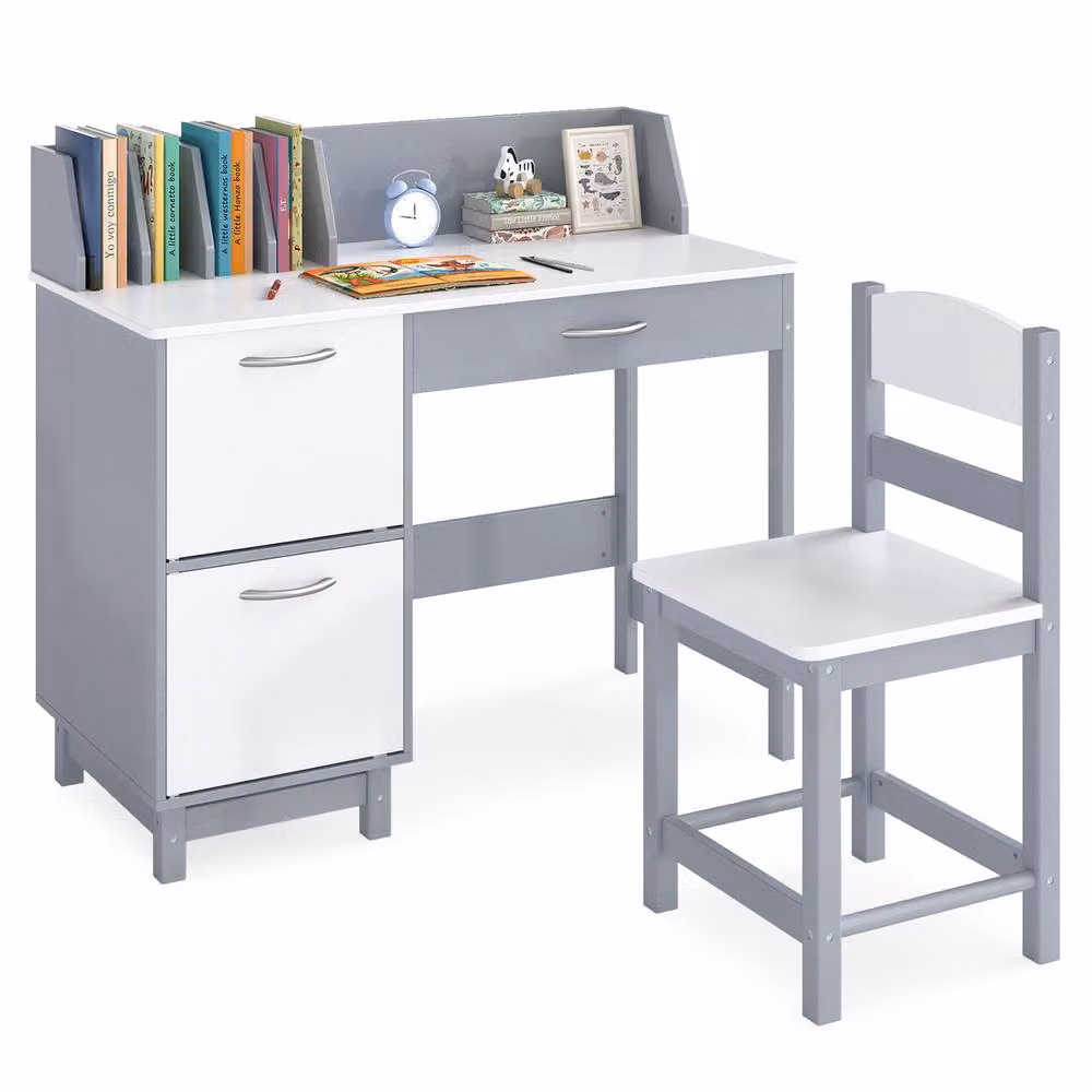 Costway Kids Wooden Study Desk and Chair Set in Grey – 2