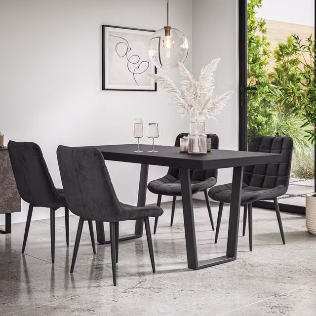 More4Homes Aria Black Rectangular Dining Table and Nova Velvet Dining Chair Set of 4, W/D/H: 160 x 80 x 76 cm