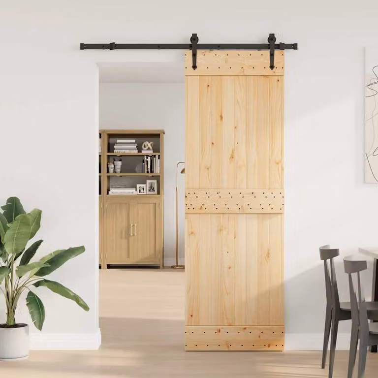 Berkfield Home Modern Sliding Door with Hardware Set, Solid Wood and Steel, Brown, W: 80 cm, H: 210 cm