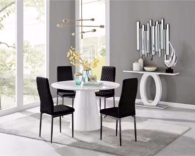 FurnitureboxUK Palma White High Gloss Round Dining Table and 4 Black Velvet Milan Chairs