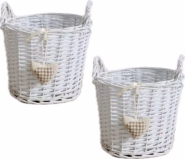 Topfurnishing White Shabby Chic Oval Rattan Basket, Stackable, Width: 24 cm, Pack of 2