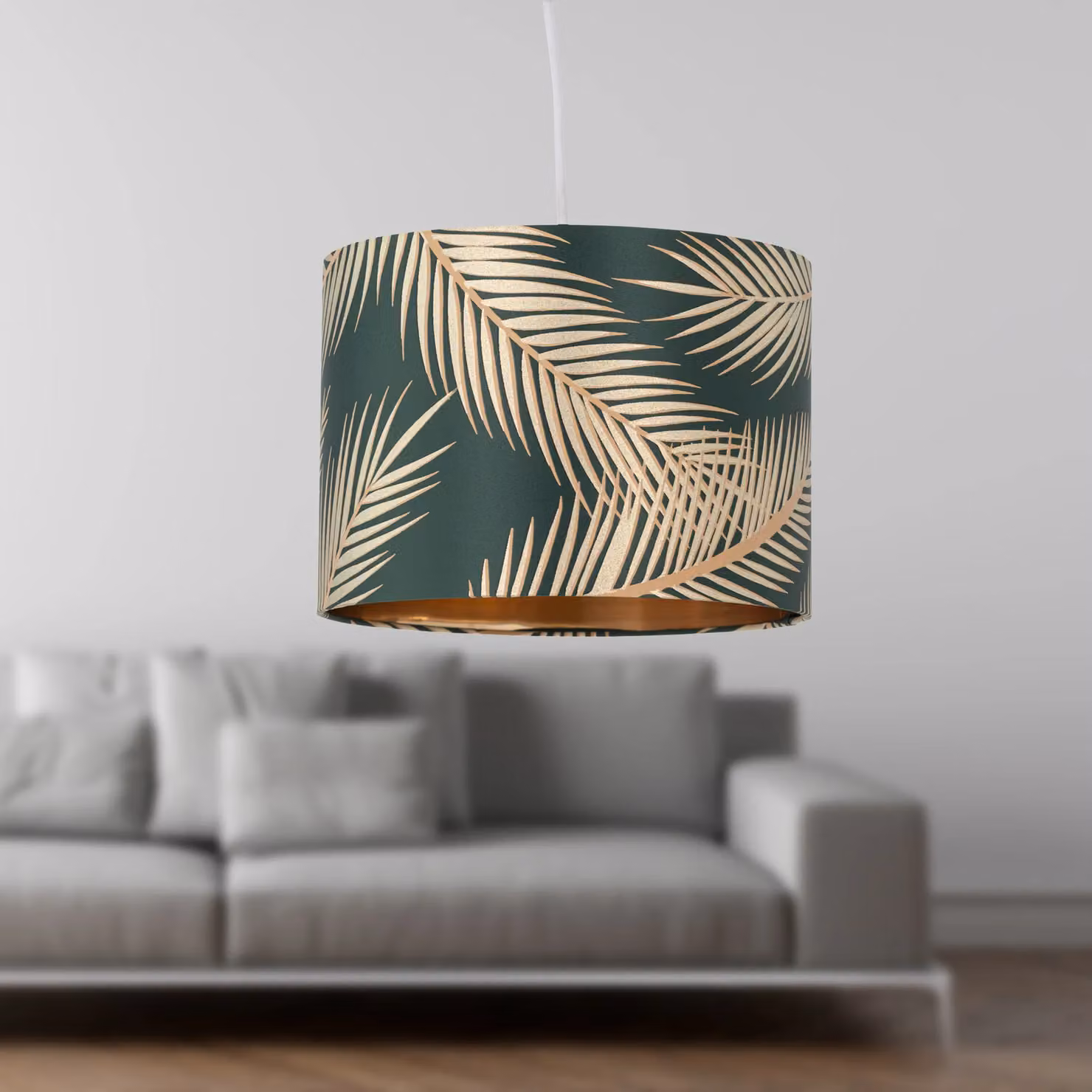 First Choice Lighting Tropica Set of 2 Fabric Pendant Lamp Shades in Green and Gold, Diameter: 25 cm – 5