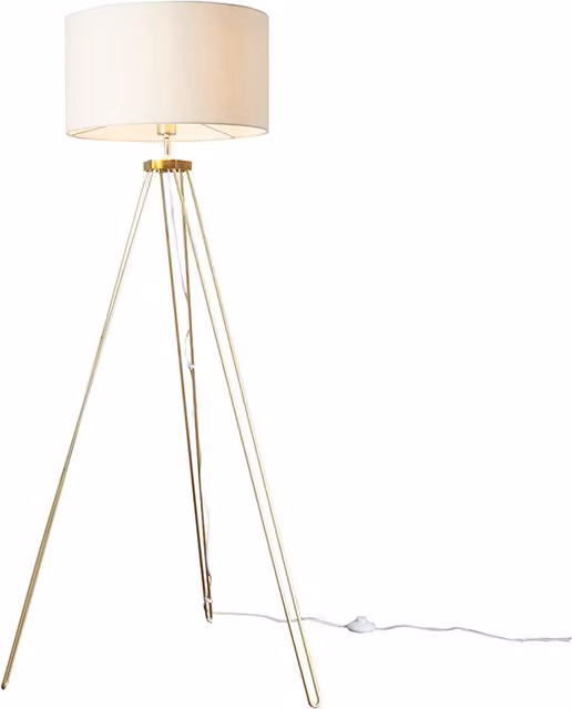 ValueLights Modern Gold Tripod Floor Lamp with Beige Fabric Drum Shade