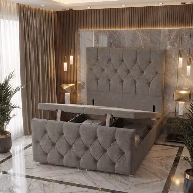 Somnior Ziggy Double Storage Ottoman Divan Base with 54 inch Headboard and 22 inch Footboard in Silver Grey Linen Fabric, W/D/H: 140 x 200 cm