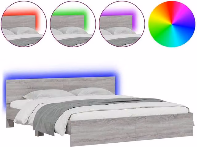 Berkfield Home Modern Grey Sonoma Bed Frame with LED Under-Bed Lighting and USB Charging Port, W/D/H: 200 x 200 cm