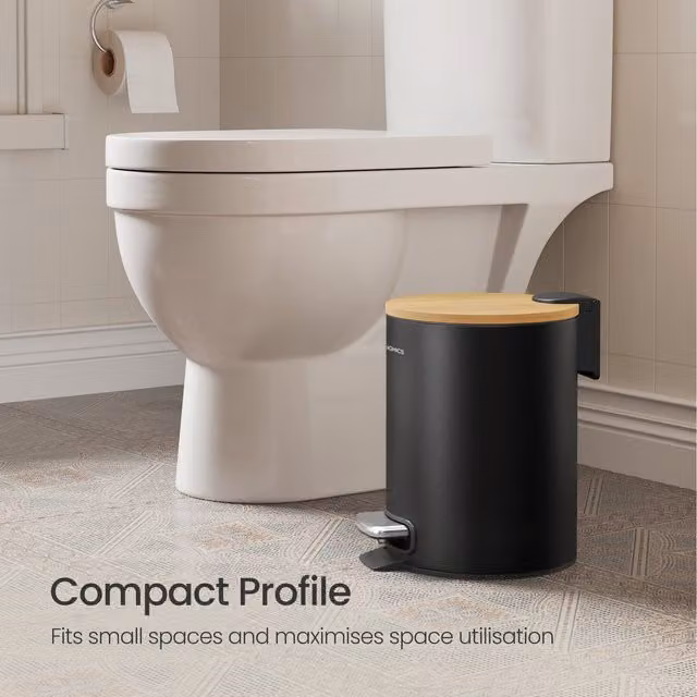 SONGMICS Pedal Rubbish Bin with Bamboo Lid and Removable Inner Bucket, 3 L, Black