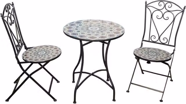 Shatchi Mosaic Bistro Set with Round Multicolour Ceramic Table and Two Folding Chairs