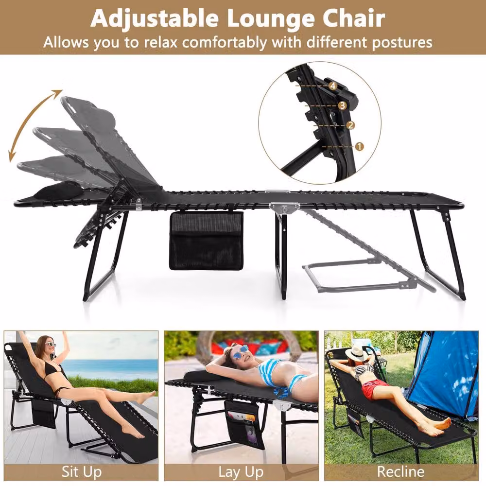 Costway Black Folding Patio Chaise Lounge Chair with Adjustable Headrest and Textilene Fabric – 8