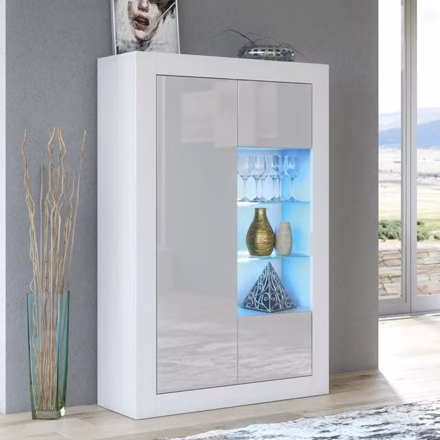 Creative Furniture Arcadia Modern Glossy Display Cabinet in White and Grey with Glass Doors and Integrated Lighting, W/H: 140 x 93 x 35 cm