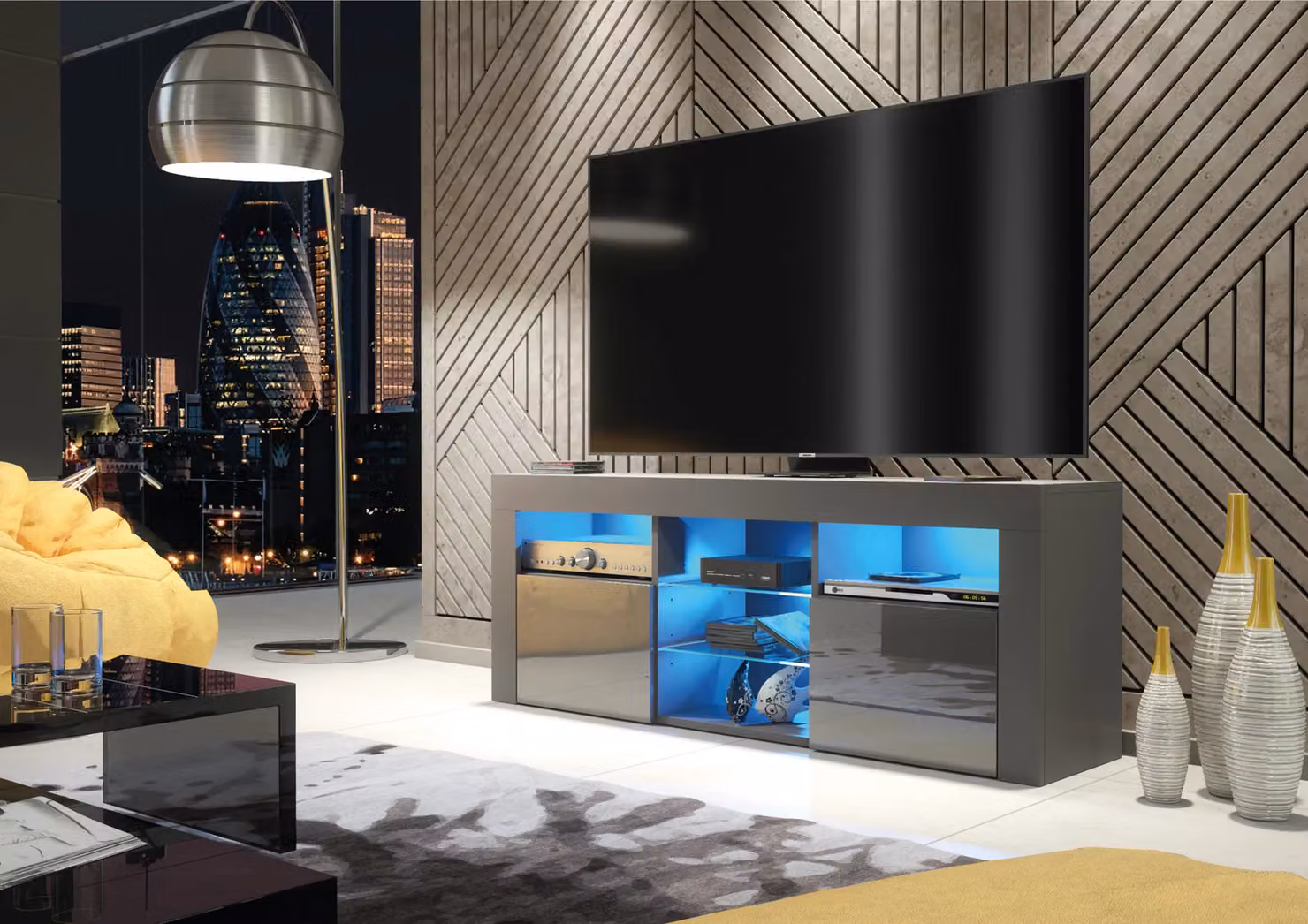 Creative Furniture Pulse TV Unit in Grey with Glossy MDF Doors and Glass Details, W: 145 cm, H: 53 cm, D: 35 cm – 3