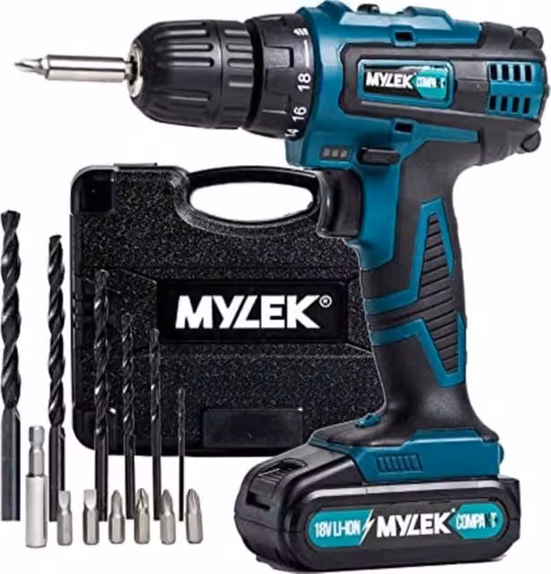 MYLEK 18V Cordless Drill Driver with 131 Piece Accessory Set, Black and Multicolour