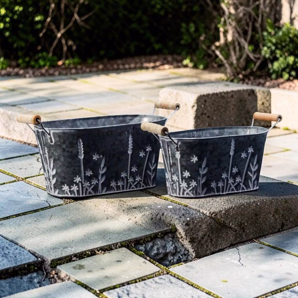 Four Candle Set of 2 Embossed Floral Oval Grey Galvanised Steel Planters – 2