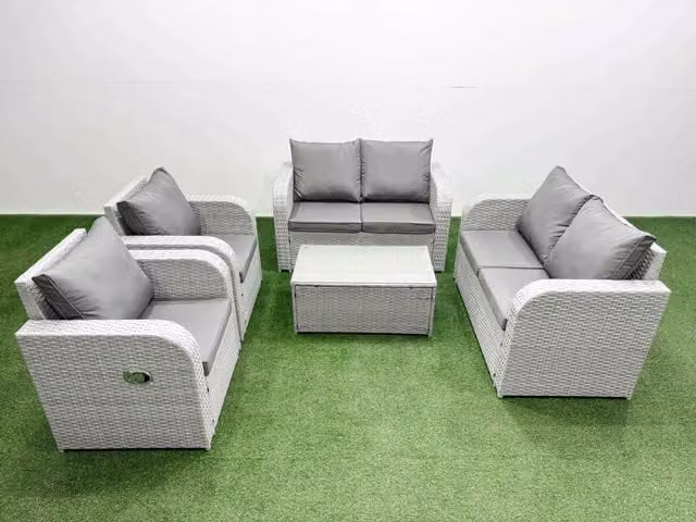 Fimous 6 Seater Rattan Garden Furniture Set with Reclining Chairs and Rectangular Coffee Table in Light Grey