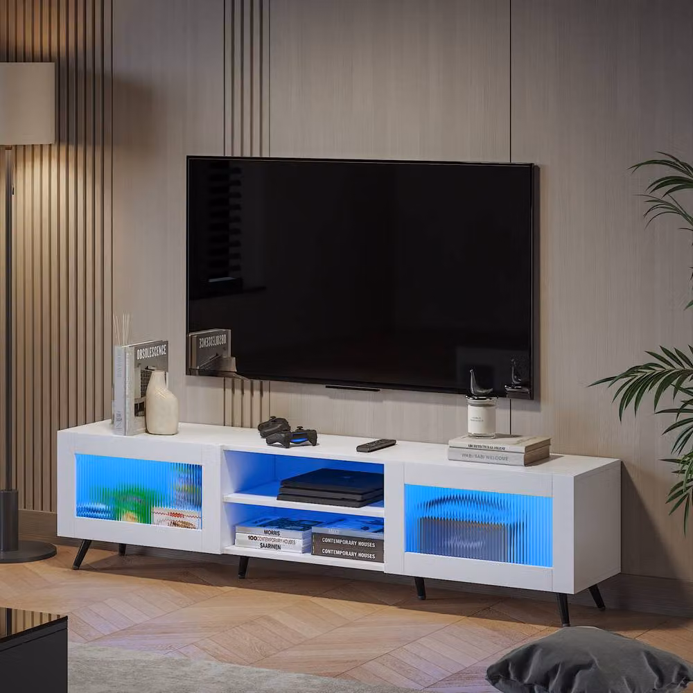 KEEPREAPER Modern White TV Stand with Transparent Acrylic Doors for 32-70 Inch TVs – 2