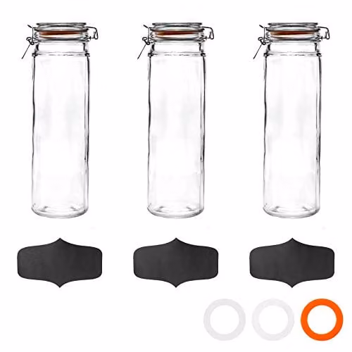 Argon Tableware Set of 3 Transparent Glass Spaghetti Jars with Airtight Metal Clip Lids and Labels, 2L – 1
