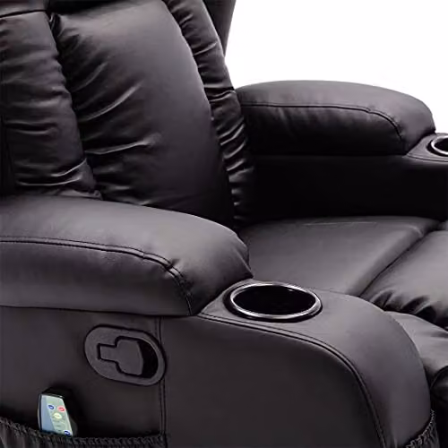 More4Homes Caesar 10-in-1 Manual Recliner Armchair with Heat and Massage, Black Bonded Leather – 10