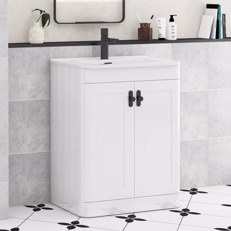 Royal Bathrooms Henley 600mm Gloss White Floor Standing 2 Door Vanity Unit with Ceramic Basin and Matt Black Knob