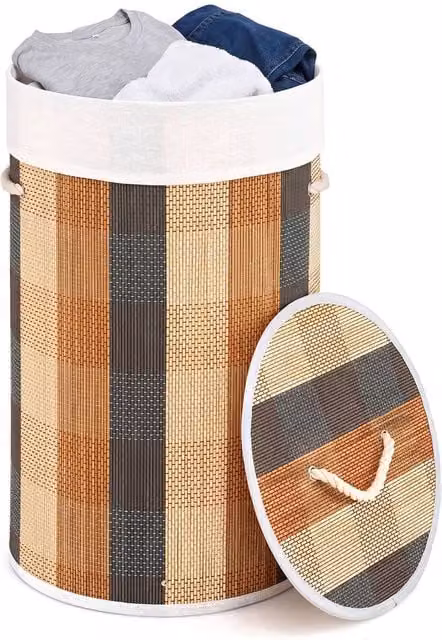 Gymax 50L Round Bamboo Laundry Hamper with Removable Lid and Handles in Brown