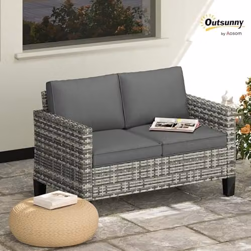 Outsunny 2 Seater Rattan Garden Sofa with Upholstered Cushions and Powder Coated Steel Frame, Grey – 3