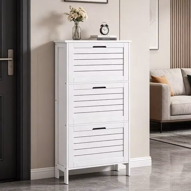ERGOVEXA Modern White Lacquered Narrow Shoe Cabinet with 3 Tilting Compartments – 1