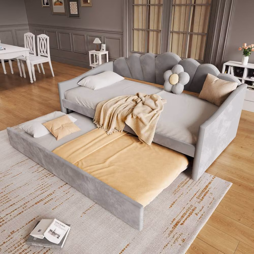 ModernLuxe Upholstered Single Daybed with Trundle Bed in Grey Velvet Fabric – 5