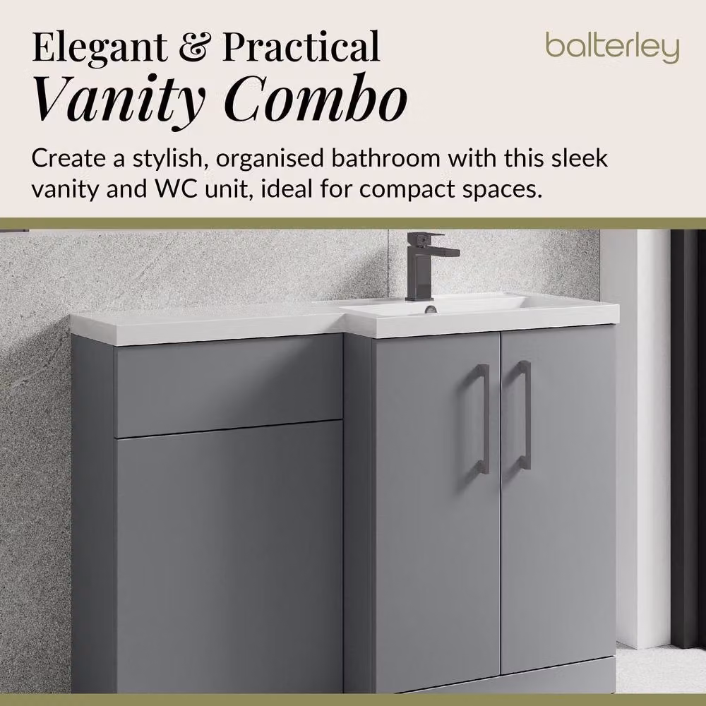 Balterley Modern Satin Grey Right-Hand Vanity and WC Unit Combination with Soft-Close Hinged Doors, Width: 110 cm – 3