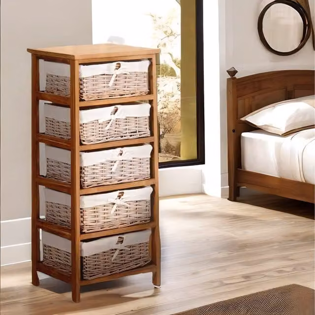Pirlo Plush Brown Rattan and Wood Freestanding Storage Unit