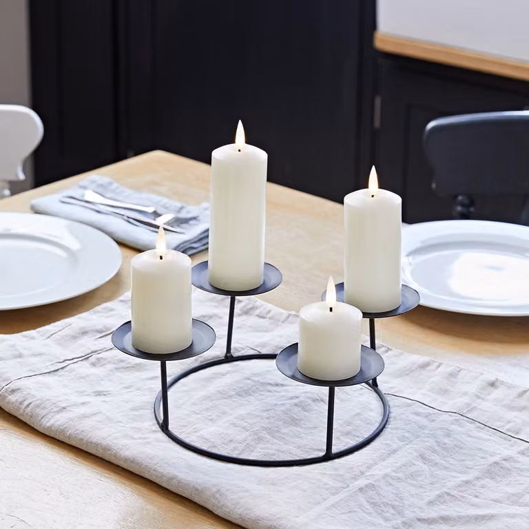 TruGlow Ivory Slim LED Pillar Candles and Metal Tabletop Candle Holder Set with Flicker Effect and Timer