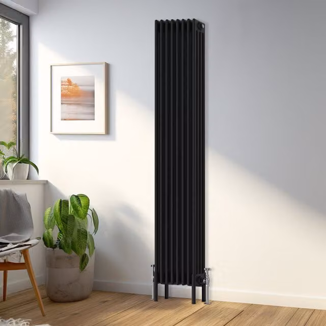 Right Radiators Traditional 4 Column Vertical Radiator, Black, H 180 cm x W 38 cm x D 38 cm