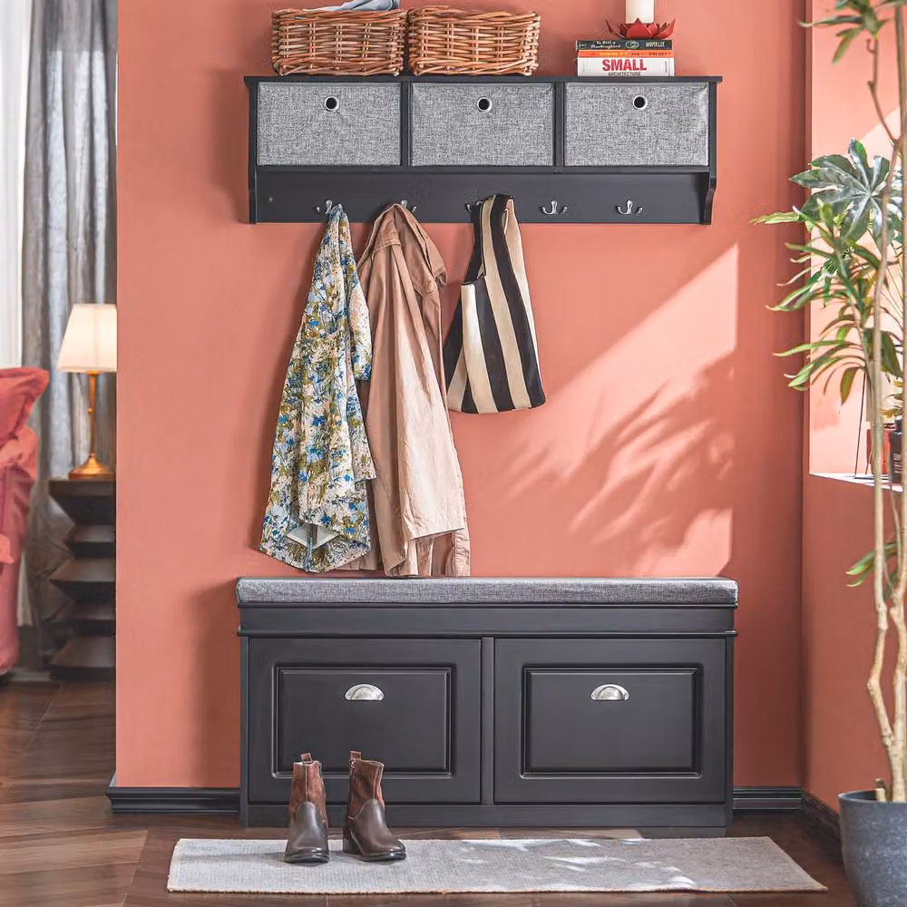 SoBuy Wall-Mounted Coat Rack with 5 Hooks and 3 Baskets in Black – 3