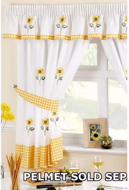 Alan Symonds Sunflower Floral Pencil Pleat Curtains in White and Yellow, Height: 168 cm