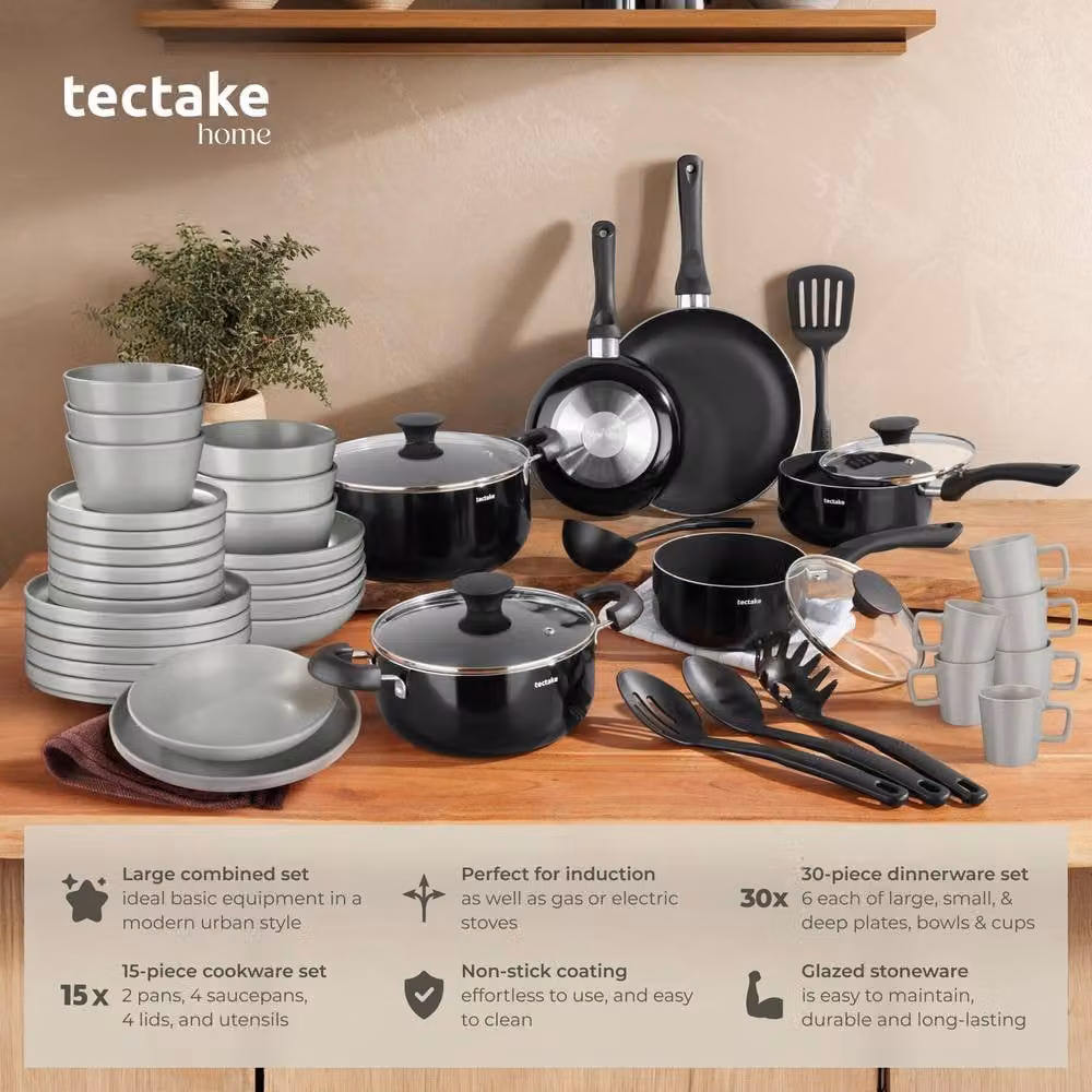 tectake Una & Varese 45 Piece Kitchen and Dinnerware Set in Grey and Black – 2