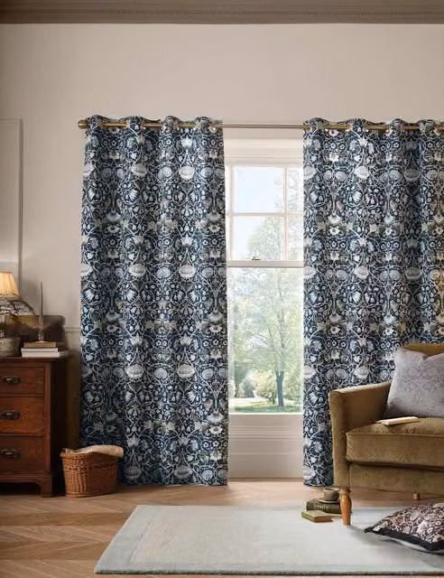 William Morris At Home Lodden Blue Mix Pure Cotton Floral Eyelet Curtains W: 137 cm, H: 168 cm