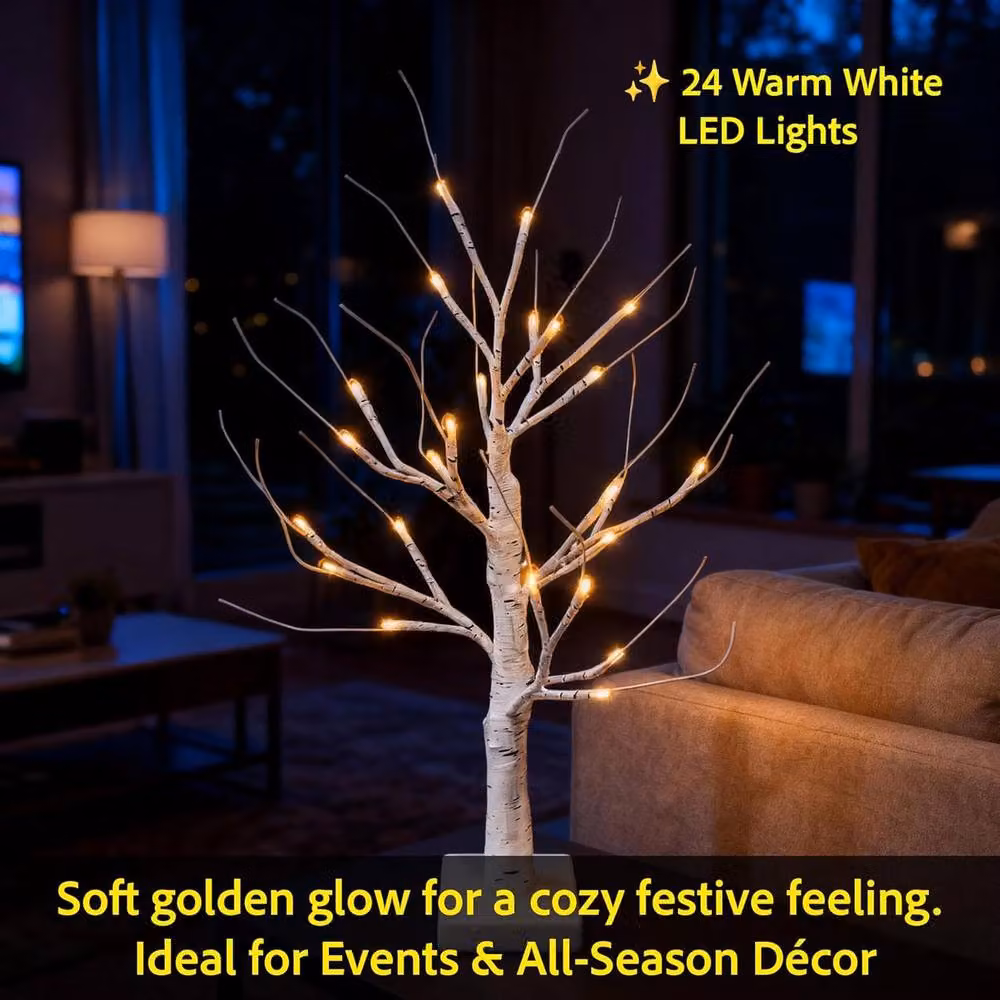 Shatchi Set of 4 White Birch Twig Christmas Trees with 24 Warm White LEDs, Height: 60 cm – 3