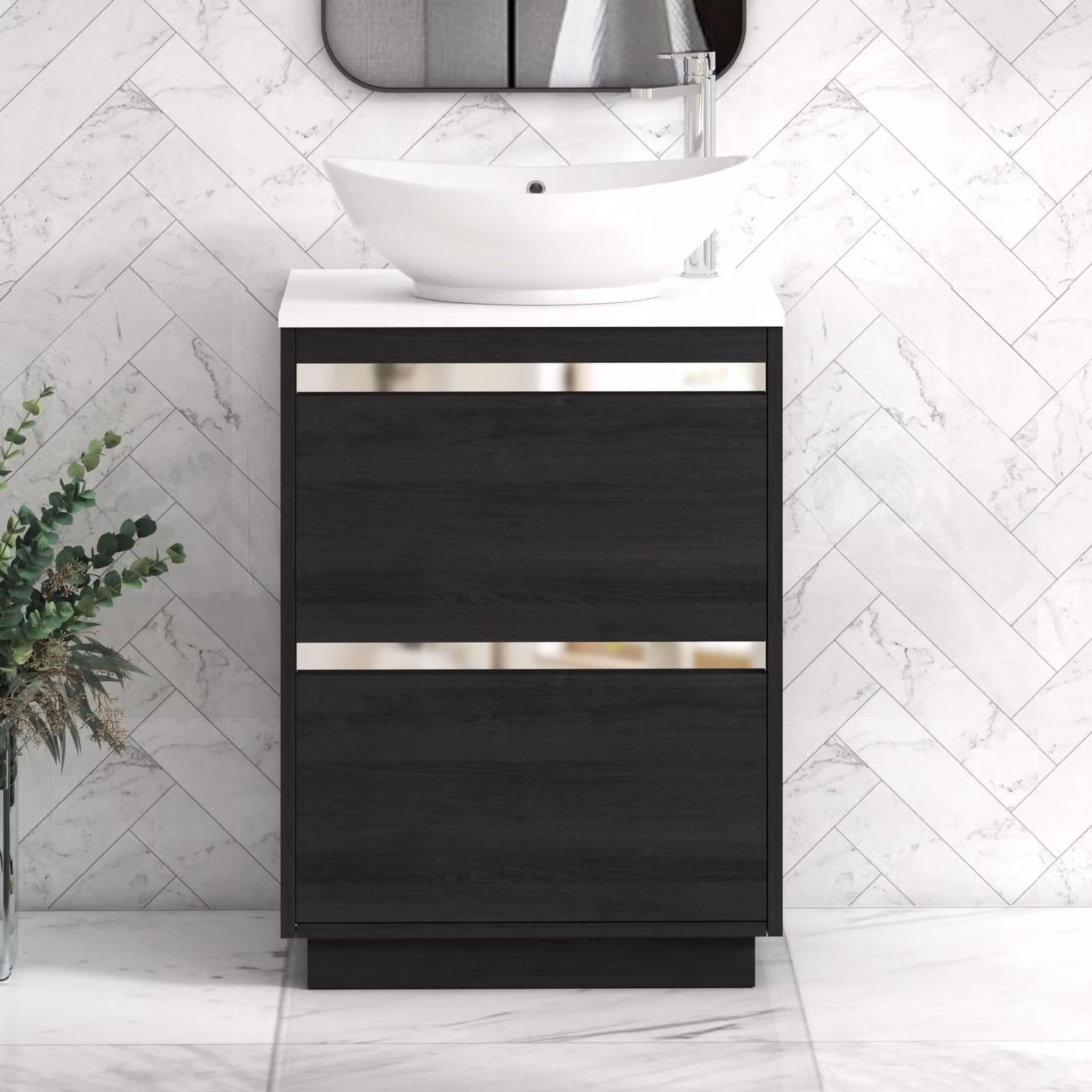 Royal Bathrooms Orion 600mm Hale Black Floor Standing Vanity Unit with Amaze Basin and 2 Drawers in Plain White