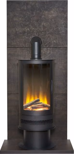 Acantha Tile and Hearth Set in Bronze Venetian Plaster Effect with Orbit Cylinder Electric Stove and Black Angled Pipe