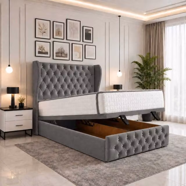 Luvessa Grey Fabric Upholstered Ottoman Storage Bed with Wingback Headboard, 90 x 190 cm